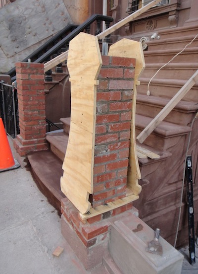 Newel post with template for reconstruction Newel post with template for reconstruction